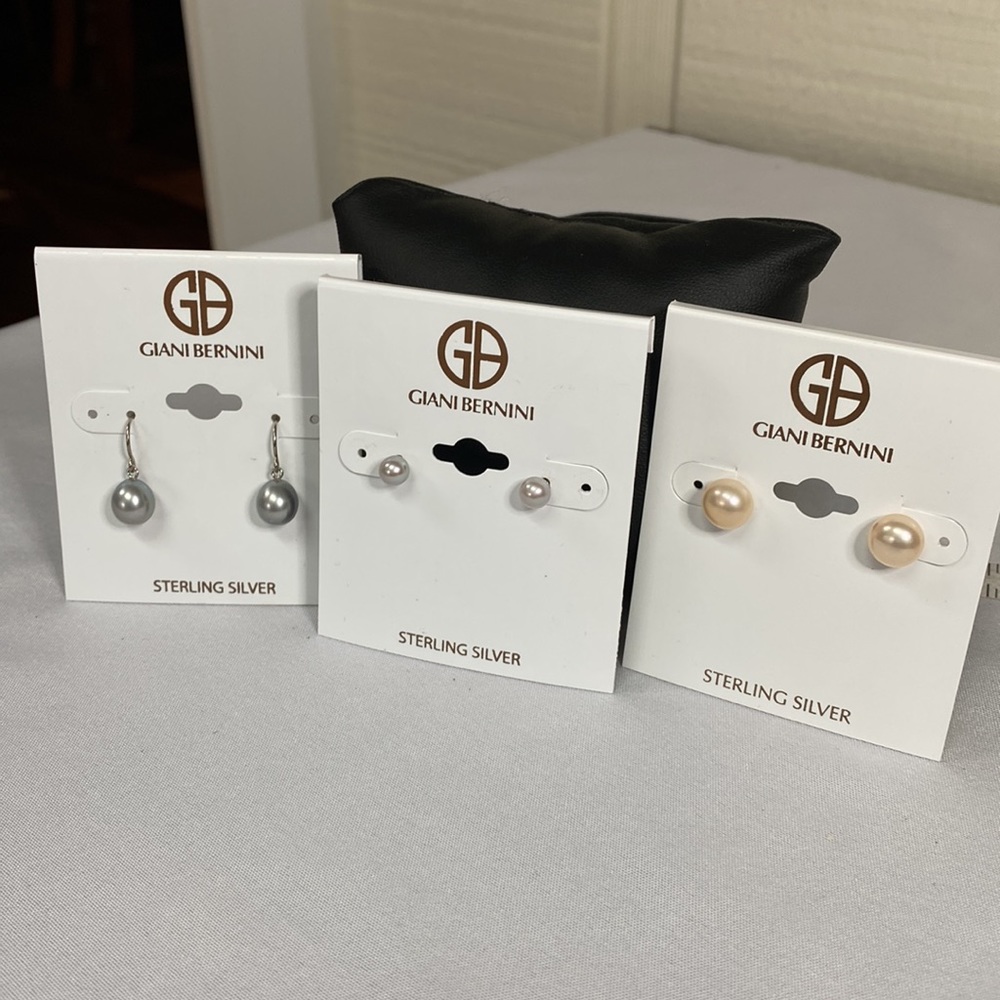 Three pair of sterling silver pearl bead earrings